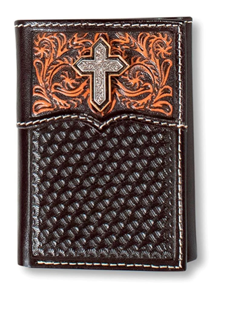 Ariat Western Mens Wallet Trifold Leather Basketweave Cross Brown  