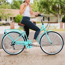 Women's Bike 26 inch Shimano 7 Speed Beach Cruiser Bike Commuter Bike, Cyan