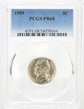ONE OF PR68 1959 JEFFERSON NICKEL PCGS GRADED US 5C PROOF P-MINT EXACT COIN