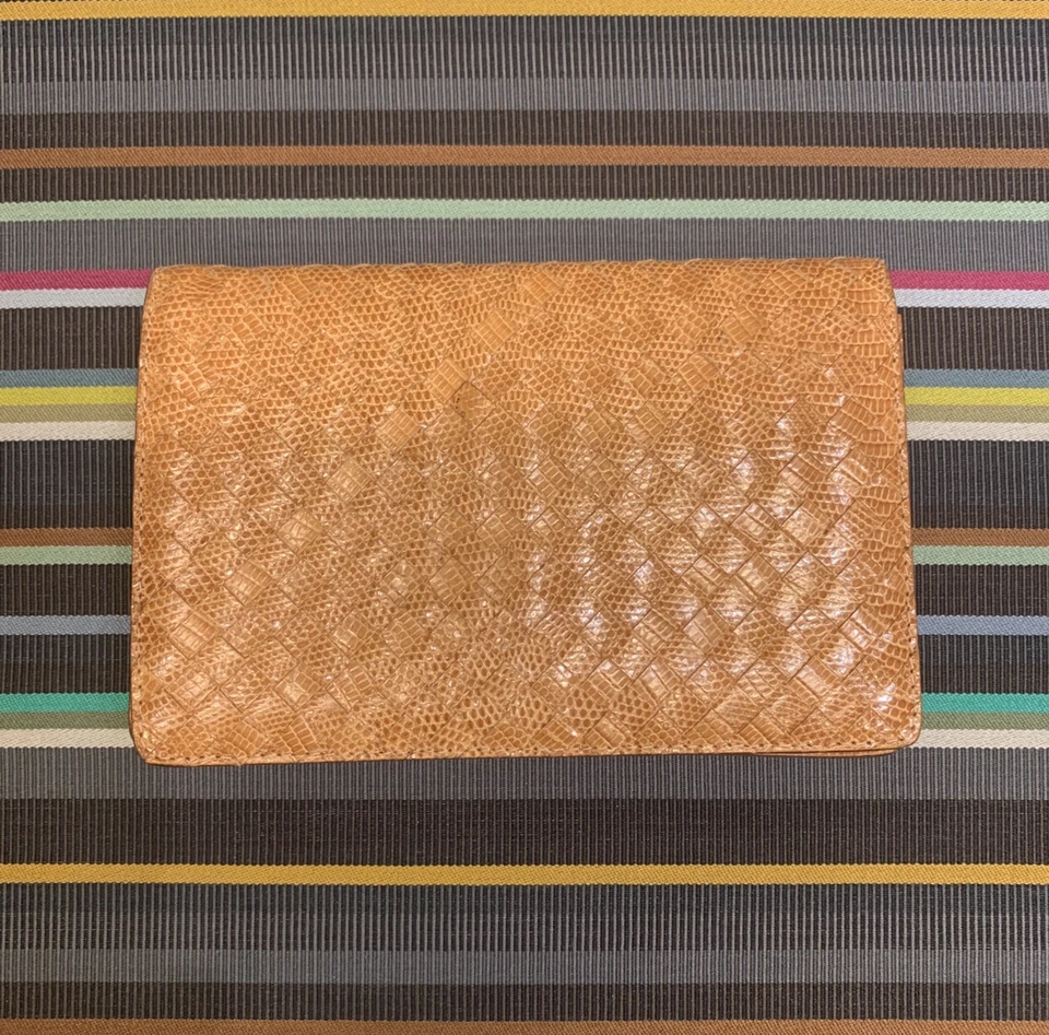 RARE VINTAGE BOTTEGA VENETA TAN INTRECCIATO LIZARD CLUTCH CROSSBODY BAG EXOTIC