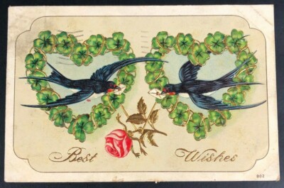 1911 Postcard Antique Clover Hearts Sparrows GOOD LUCK Best Wishes Greeting   