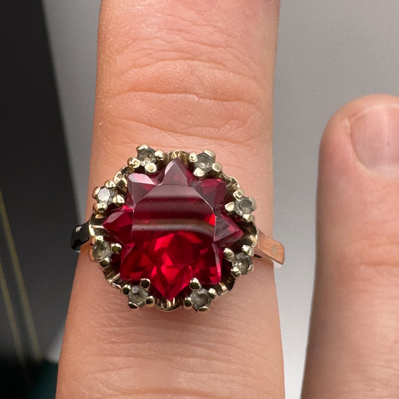 Solid 10k Gold Ring with Lab Ruby and Diamond / V… - image 5