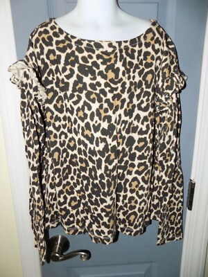Crewcuts LS Ruffle Shoulder Top Leopard Animal Print Size 12 Girl's NWOT