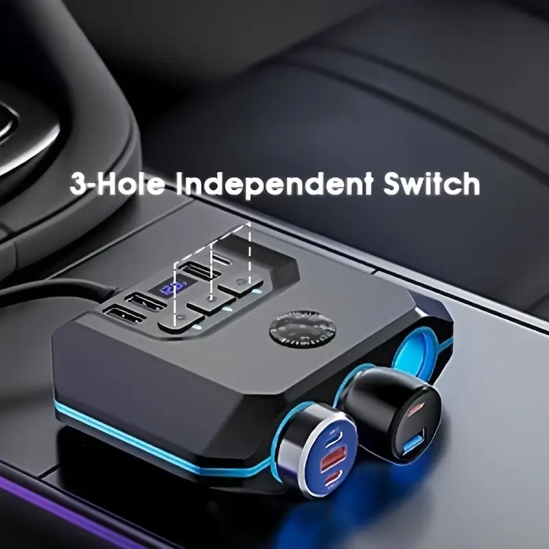 120W 7-in-1 Car Charger with LED Display - Splitter Adapter, 3 AC Outlets & 4 US - Image 4 of 4