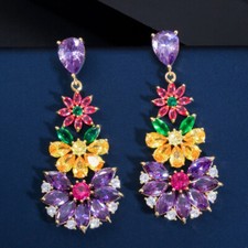 Gorgeous Multicolor Cubic Zirconia Flower Earrings Dangle Drop Gold Plated Women