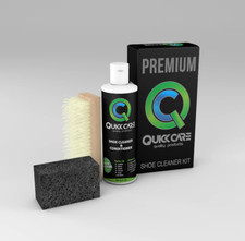 QuickCare Shoe Cleaner comes in a black box with an 8 oz bottle, a brush, sponge