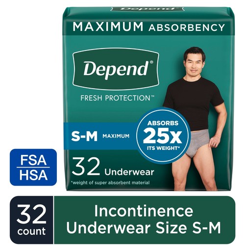Fresh Protection Incontinence Underwear for Men, Adult Diapers, S/M, 32 Count