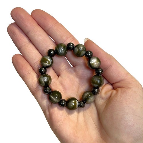 Dark Green Grey and Silver Sparkly Beaded Bracelet Chunky Round Shiny Stone Gem - Picture 7 of 7