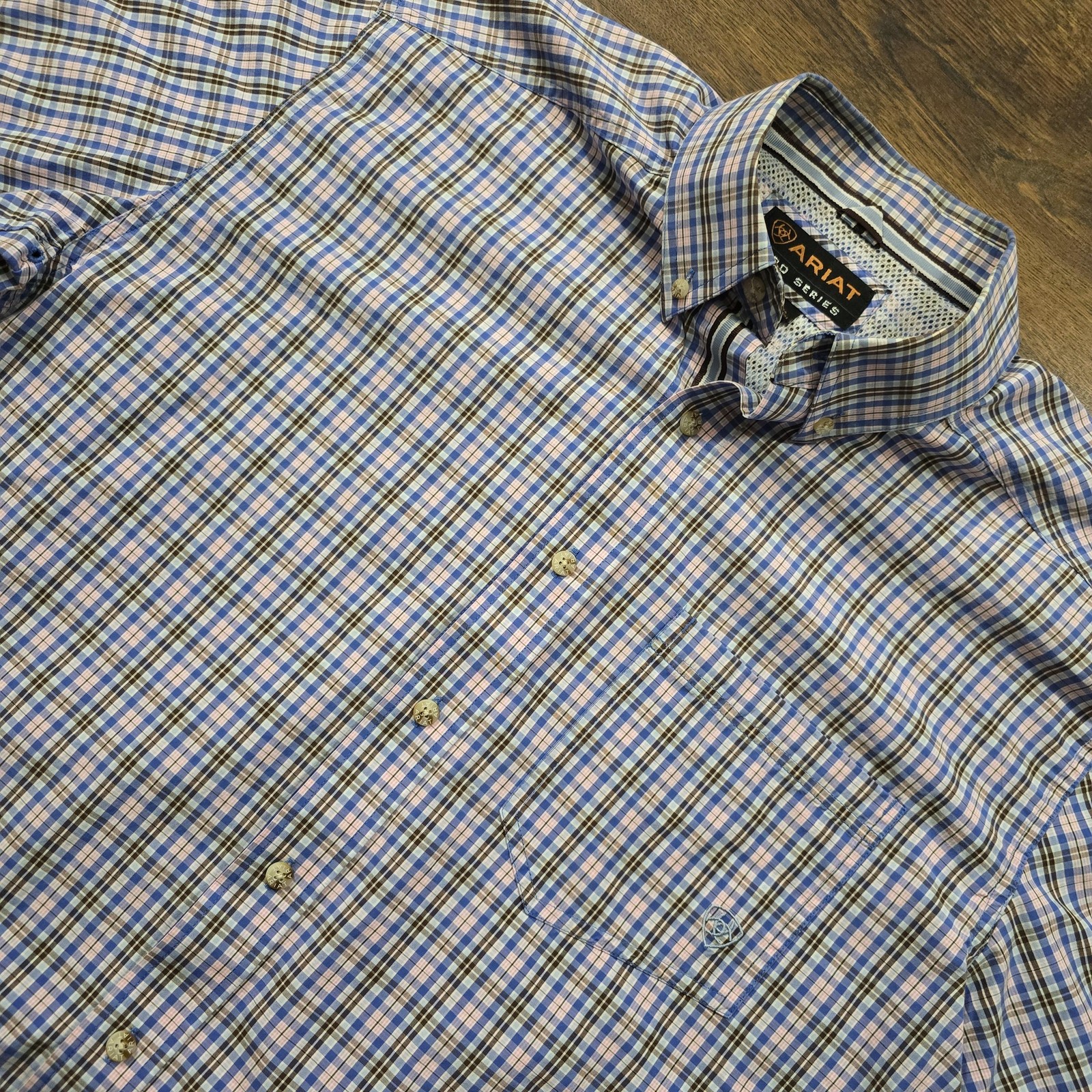 Ariat Shirt Mens L Blue Plaid Pro Series Button Up Short Sleeve Western Casual