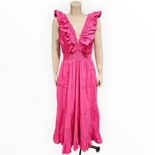HOUSE OF HARLOW 1960 Pink Ruffled Tiered Sleeveless Fit Flare Maxi Dress L