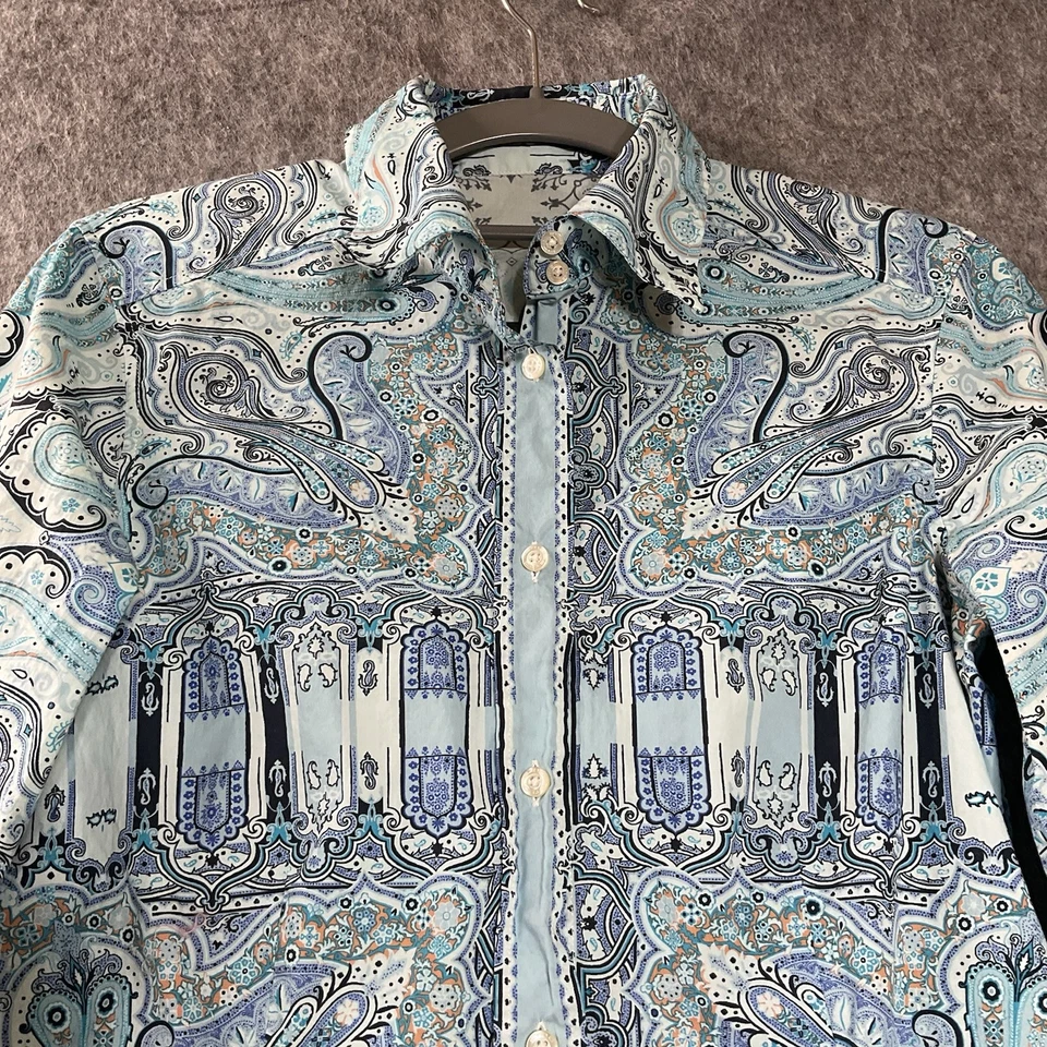 Camisa Etro Mujer Pequeña Azul Geométrica Manga Larga Abotonada Italia 42 Cápsula Top Foto 2 de 4