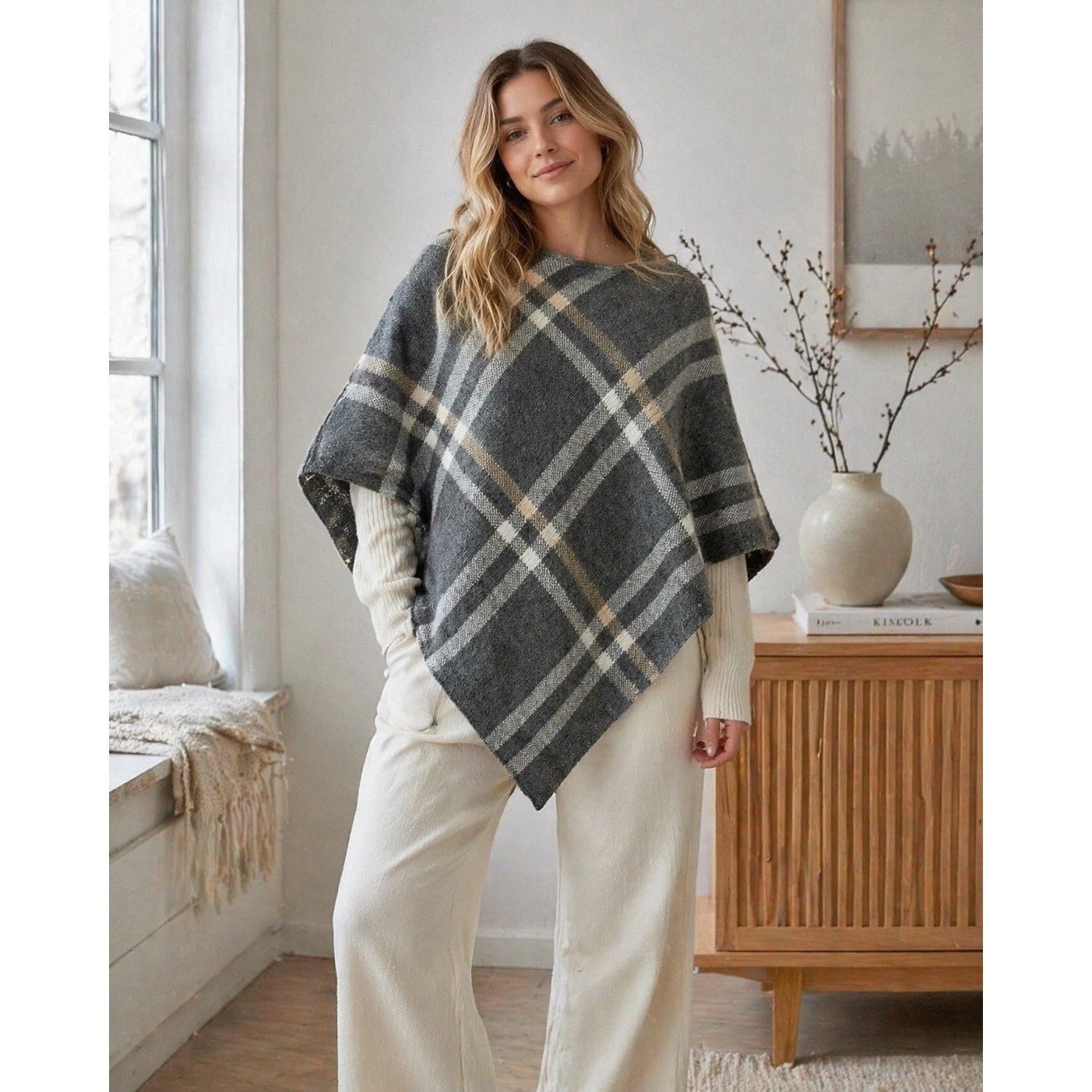 Alpaca Blend Poncho One Size Grey Plaid Wool Nardi & Tagliaferri Made in Italy