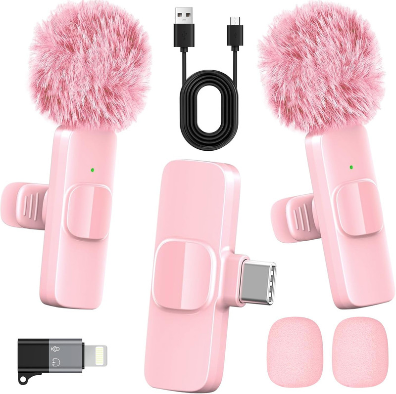 Pink Wireless Lavalier Microphone for Iphone & Android - Mini Clip-On Mic with N