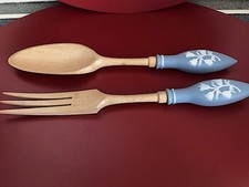 Salad spoon & fork. WEDGWOOD style, wood & blue/white glass