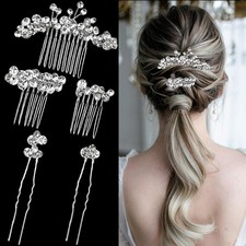 5 Pcs Silver Rhinestone Bridal Hair Comb and U-Pins Set, Sparkly Crystal Wedding