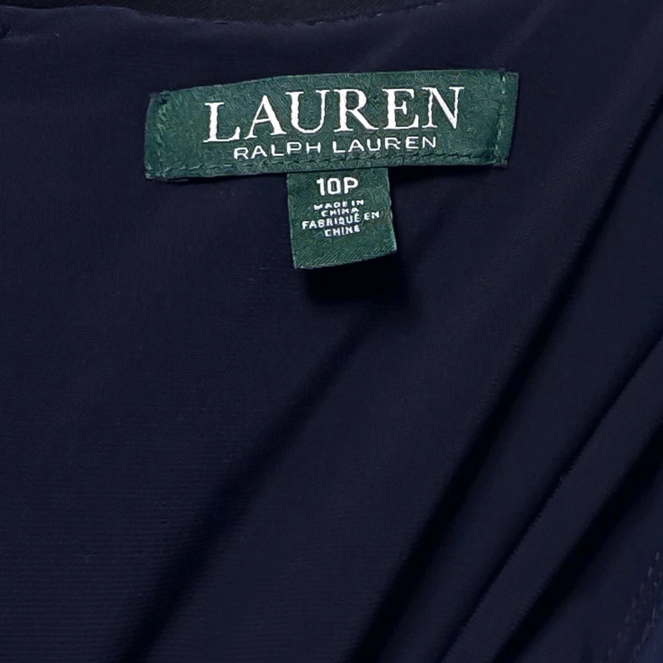 Ralph Lauren Womens Dress 10P Navy Blue Stretch Satin Ruffle Sheath Party Formal - Image 3 of 4