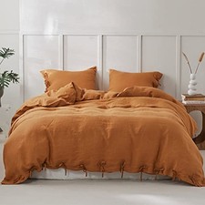 100 Linen Duvet Cover Set 3pcs with Bowknot Ties Closure Natural Queen Rust
