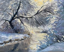 Impressionist style Original Oil Painting WINTER LANDSCAPE signed art 8x10 inch