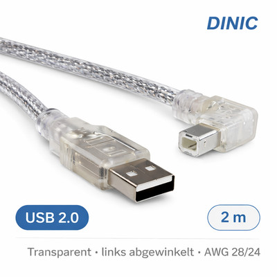 DINIC USB 2.0 Kabel A auf B St. links abgewinkelt, AWG 28/24, transparent, 2m