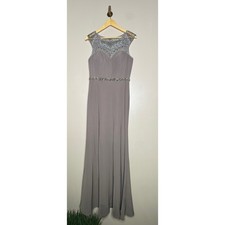Beaded Illusion Neckline Evening Gown Taupe Grey Sleeveless Formal Maxi Dress