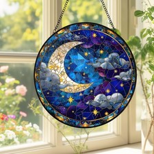 Moon Night Sky Stained Glass Suncatcher, Celestial Window Hanging