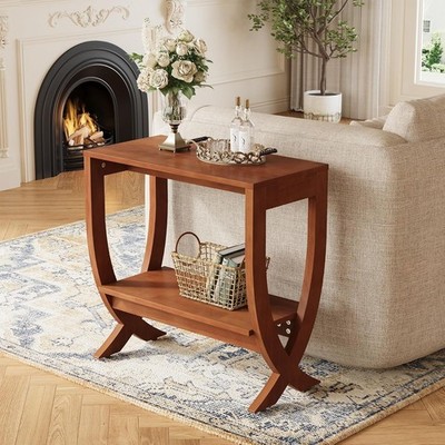 2-Tier Solid Wood End Table Modern Couch Side Table with Storage for Living Room