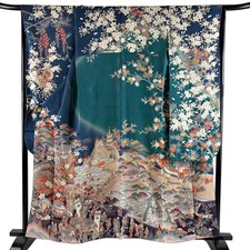 Furisode Kimono BlueGreen Silk M Awase Castle Town People Gold Woven Kinsai Mint