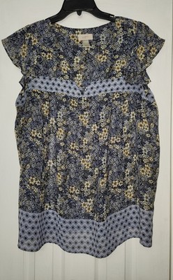 Loft  Blue & Yellow Floral Patterned Top Cap Blouse, Women XL