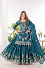 Exclusive Collection Teal Blue Chinon Silk Kurta Palazzo With Dupatta For Women