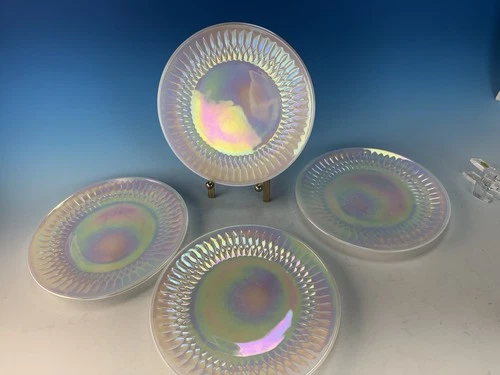 Set Of 4 Federal Glass Moon Glow Iridescent 7.5” Salad Plates White Moonglow