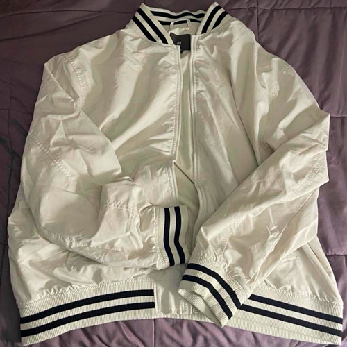 H&M, H&M Men’s White Nylon Bomber Jacket 2XL Full Zip Striped Rib Trim