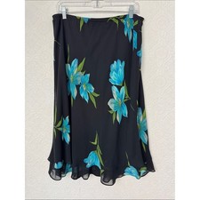 Vintage Y2K Black Blue Floral Chiffon Midi Skirt Asymmetrical Fairy Grunge Boho