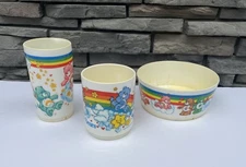 Care Bears Deka American Greetings 3 Piece Plastic Cups & Bowl VTG 1983