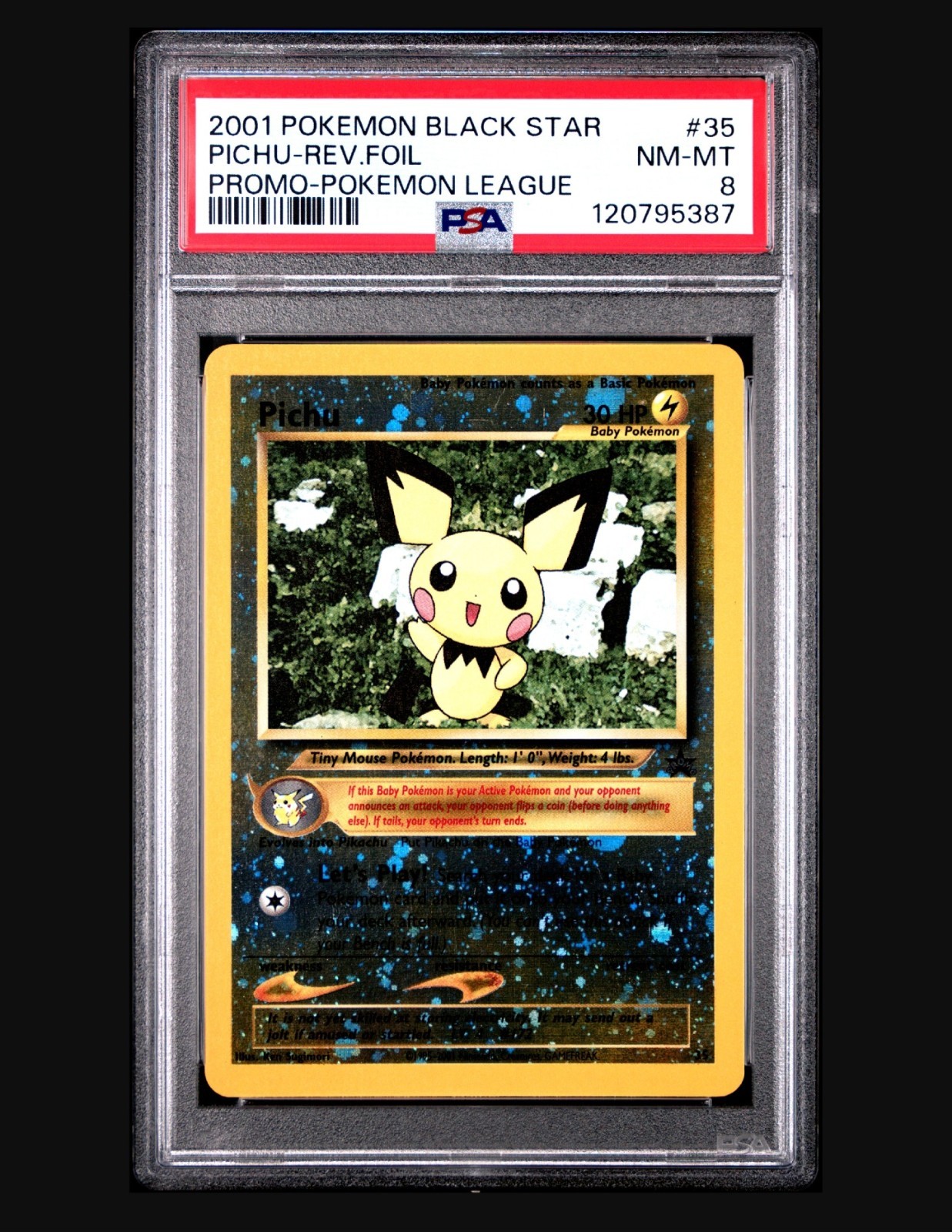 2001 POKEMON PROMO BLACK STAR POKEMON LEAGUE #35 PICHU-REVERSE FOIL PSA 8