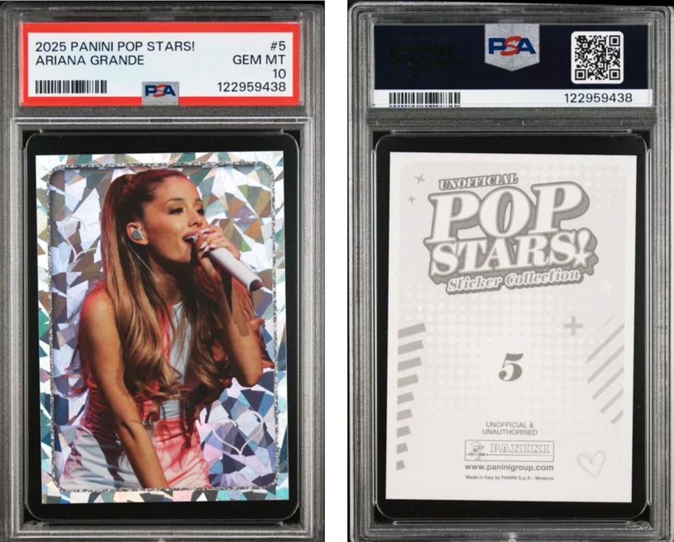 Ariana Grande 2025 Panini Pop Stars! Pegatina #147 RC lámina de plata PSA 10 gemas como nueva Foto 3 de 4
