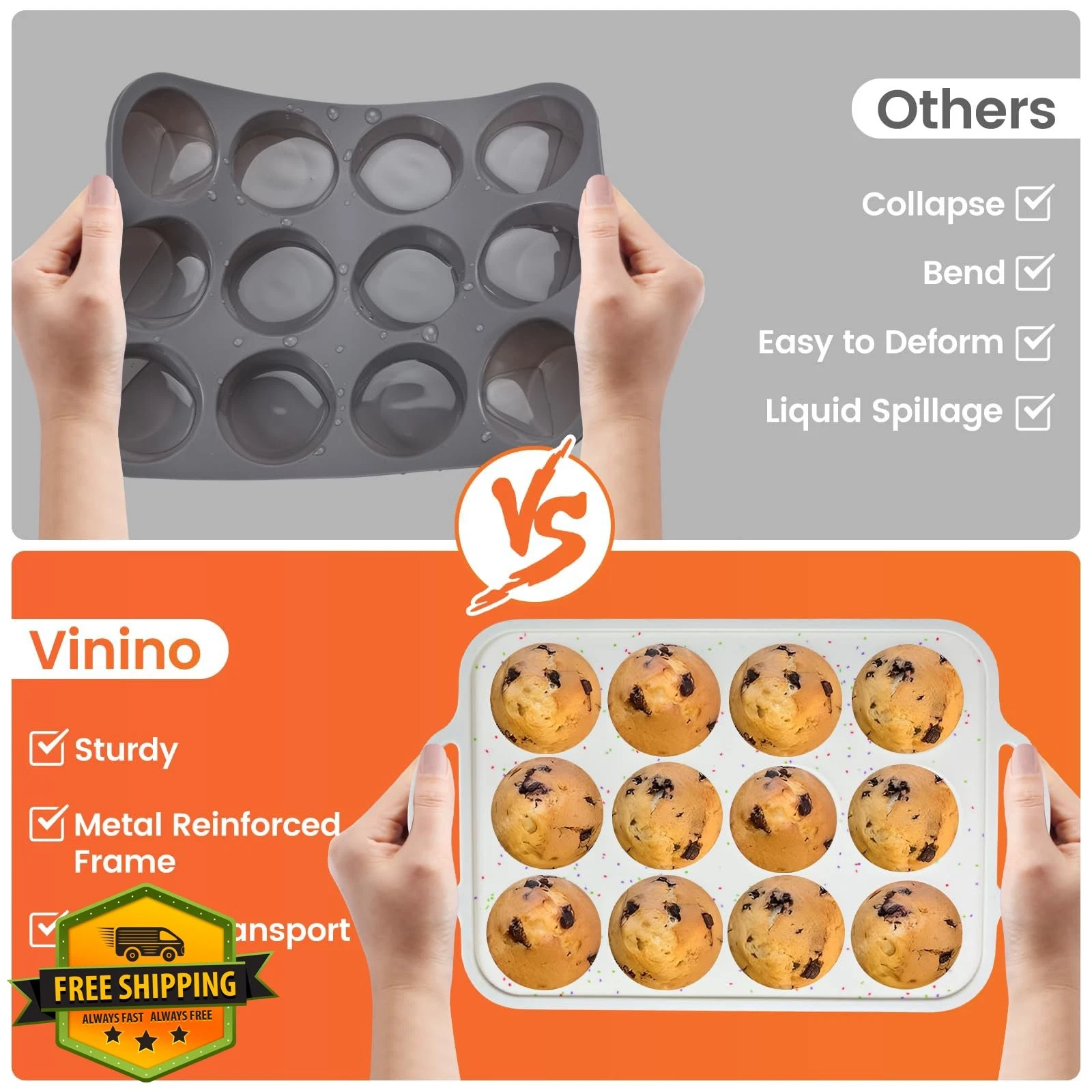 Vinino 2Pack Silicone Muffin Pan 12 Cup Baking Tray