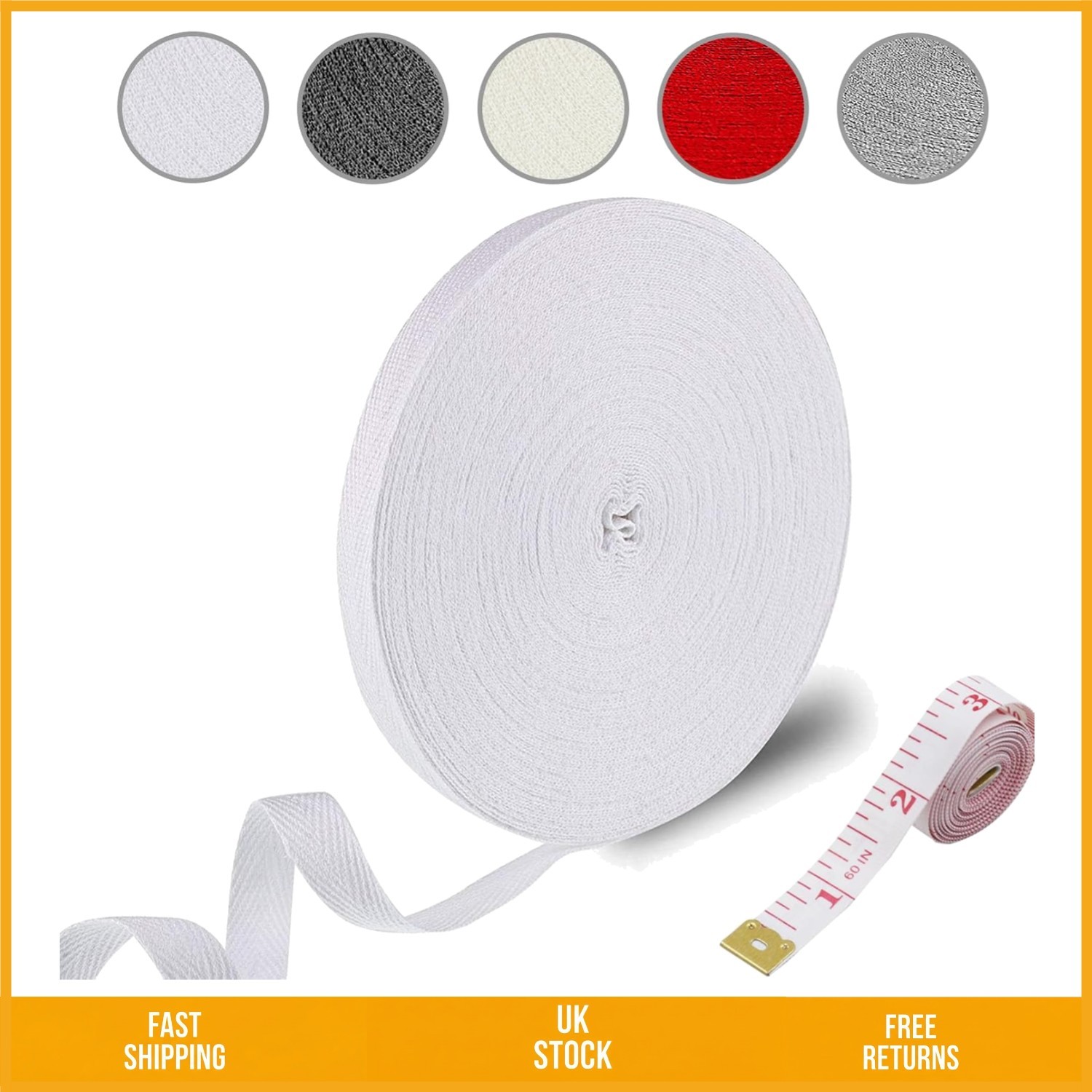Versatile White Herringbone Cotton Twill Tape Sewing Ribbon 1.5cm x 50m