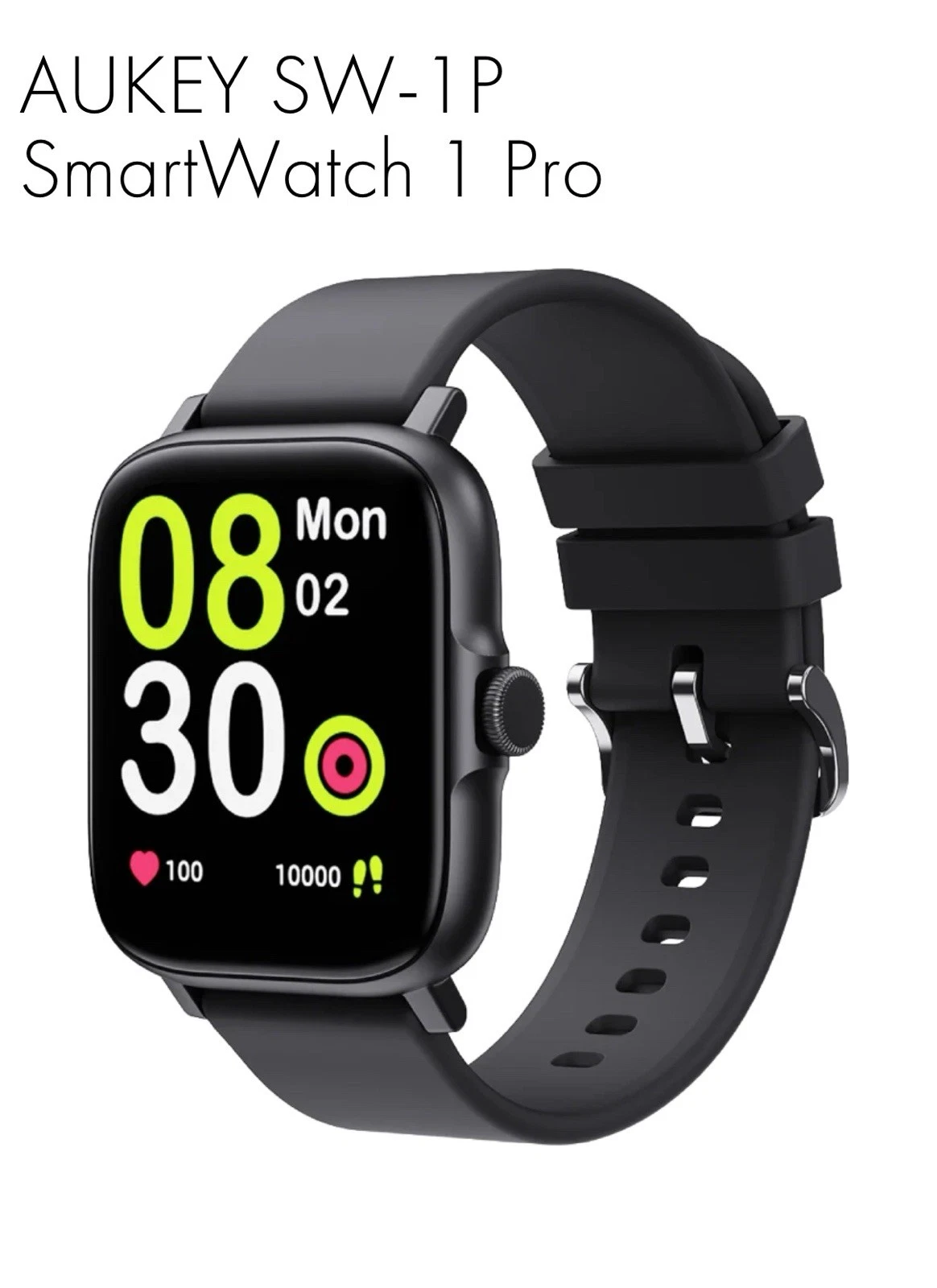 AUKEY SW-1P SmartWatch 1 Pro 1.69'' Screen Fitness Tracker Black Silicone Band
