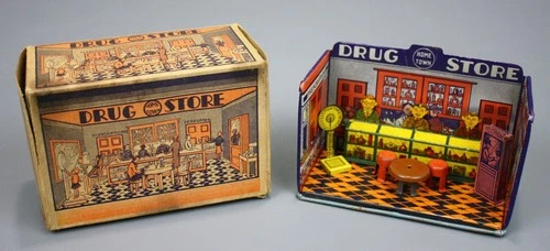 Vintage Marx Home Town Drug Store w/ Original Box & Accessories, Tin, 1930s