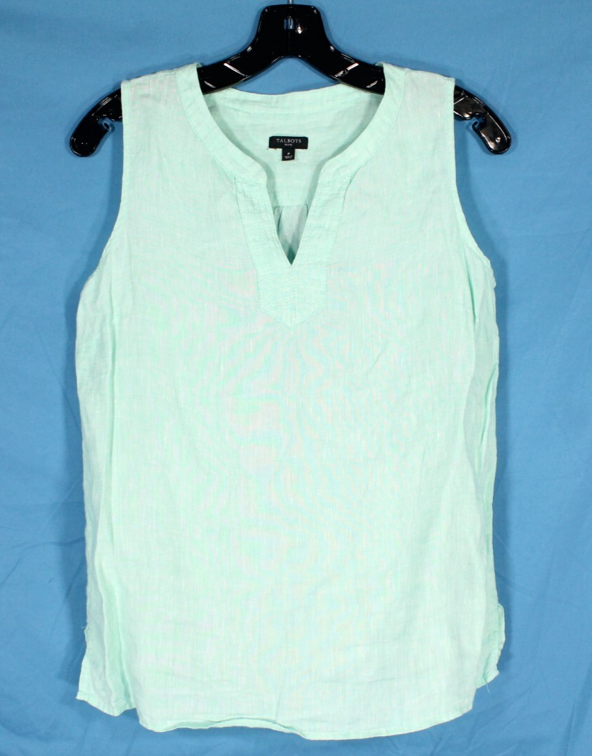 TALBOTS PETITE Lightweight LINEN Green SLEEVELESS V-Neck BLOUSE/TANK TOP Sz SP