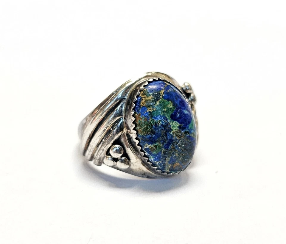 Anillo de malaquita azurita para hombre sello esterlina anillo cabujón marca pictográfica nativa Foto 3 de 4