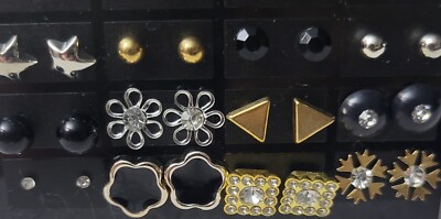 Pierced Earring Set 12 Pair Fashion Earrings Golden Tone And Black, Various Size