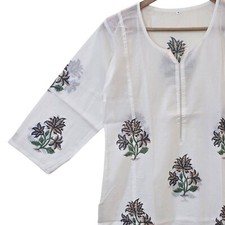 Hand Block White Cotton Floral Top Block Print Kurti Indian Cotton Floral Top