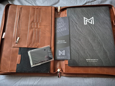 Nero Manetti Brown Premium Zippered Vegan Leather Portfolio/Padfolio w/pad