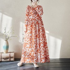 Womens Floral Printed Cotton Linen Holiday Maxi Dress Long Sleeves Loose Gown