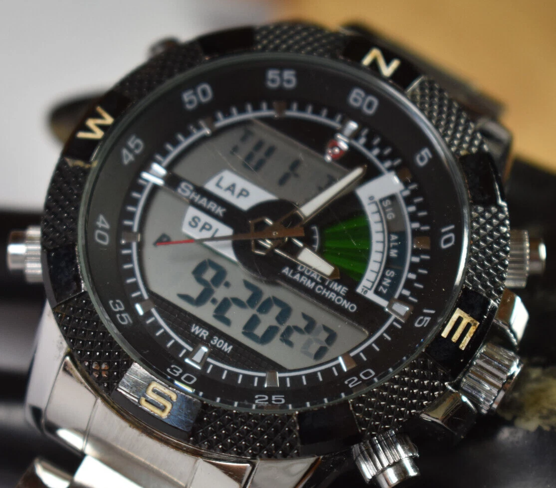 Shark Digital Analog Chronograph Date Day Sport Men s Watch DS006S NEW BATTERY
