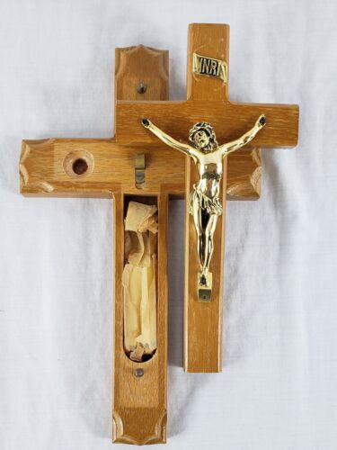 Vintage Holz Letzte Rechte Kruzifix Krankenruf Kreuz Kerzen ohne Weihwasserflasche - Bild 2 von 8