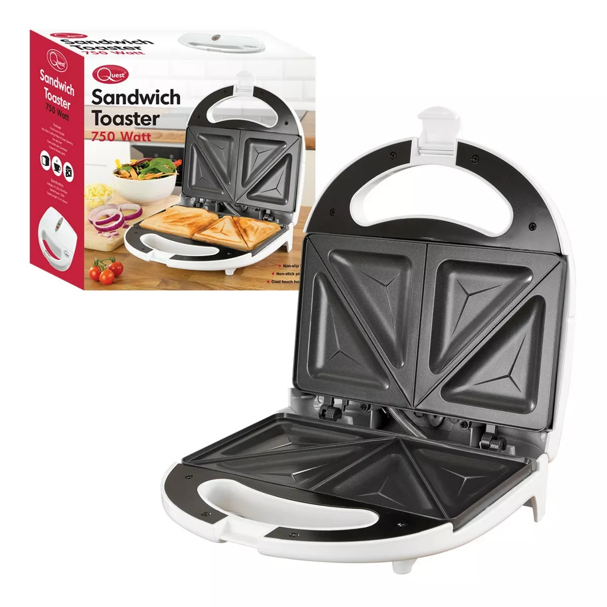 Quest 750W 2 Slice White Panini Toastie Maker Non Stick Sandwich Press  Toaster