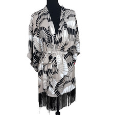 Josie Natori Fringe Robe Women's Size Medium Kimino Sleeve Wrap Waist Tie Boho