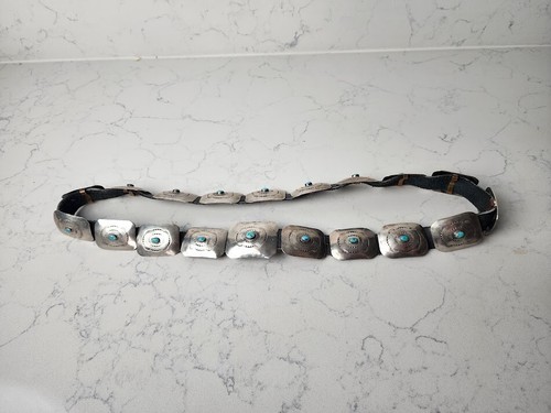 Navajo Sterling n Turquoise Belt 18 Conchos and Buckle 33" Stamped Sterling FB - Picture 7 of 14